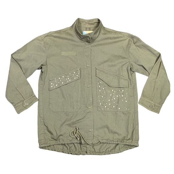 Maurices Womens Utility Cargo Jacket Feminine Pearl Bead Accent Green Medium - Picture 1 of 11